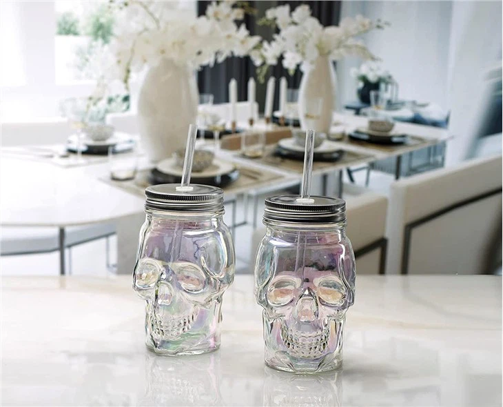 Skull Face Beer Glass Mason Jar With Lid And Straw